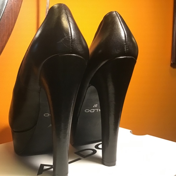 Aldo Platform Black Leather Pumps / Shootie 7 - Picture 3 of 5
